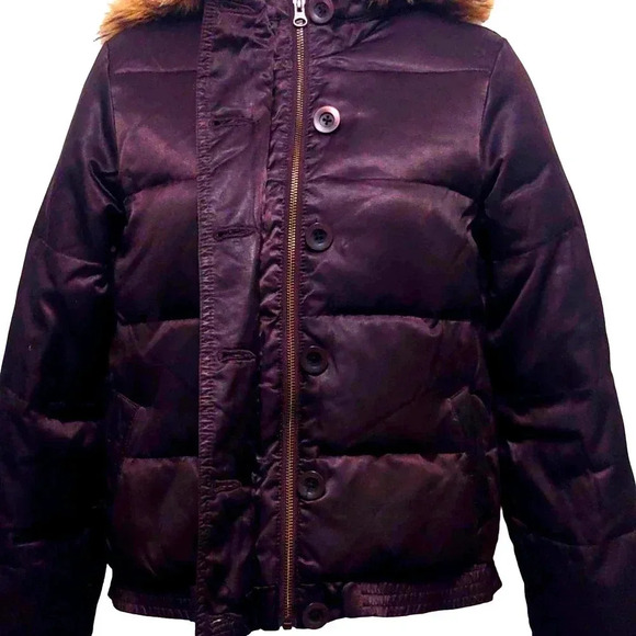 Old Navy Purple Feather Down Jacket With Removable Hood Faux Fur Y2K - Picture 4 of 6
